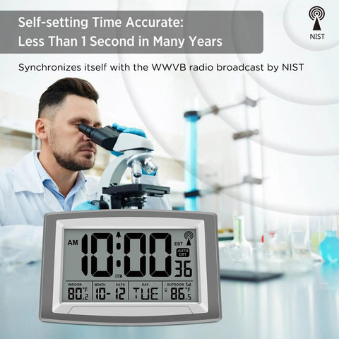 Atomic Wall Clock With Outdoor And Indoor Temperature, 12.5 Inch Large Digital Display, in lab setting with microscope.
