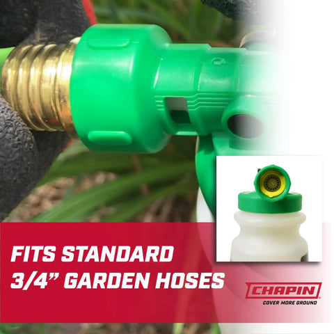 Close-up of G390 Hose End Sprayer connection fitting standard garden hose, demonstrating universal compatibility, 32-ounce capacity.
