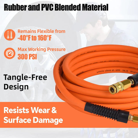 Three Eighths Inch By Twenty Five Foot Braided Air Hose For Air Compressors Flexible Heavy Duty Pneumatic Hose With Quick Connect Fittings Leak Free 300 PSI For Garage Shop Automotive Use, orange coiled hose