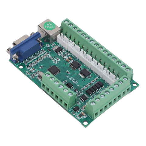 5 Axis USB Motion Control Card Kit With Z Probe And CNC Carving Engraving Milling, 12V To 24V Power, Broad Compatibility, Optocoupler Isolation, Versatile Controller Board For Milling Machines And DIY CNC Projects. green CNC motion controller board with USB port and terminal blocks