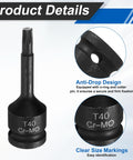 Five Piece One Half Inch Drive Torx Bit Sockets T40 Impact Six Point Star Sockets Cr-Mo Steel With Cotter Pin And O Ring