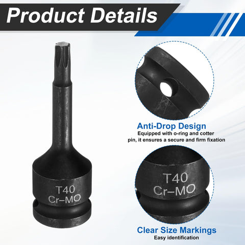 Five Piece One Half Inch Drive Torx Bit Sockets T40 Impact Six Point Star Sockets Cr-Mo Steel With Cotter Pin And O Ring