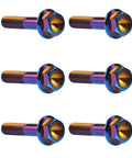 Six burn-blue titanium M8x40mm external-hex flange bolts
