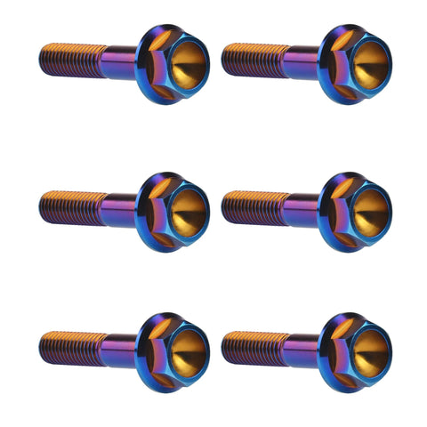 Six burn-blue titanium M8x40mm external-hex flange bolts