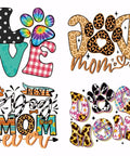 4 Pack Dog Mom Iron On Transfer Patches Set For DIY Tees Hoodies Bags Jackets Colorful Heat Transfer Stickers Washable Decals Ready To Press For Clothing, showcasing colorful designs with animal prints and patterns.