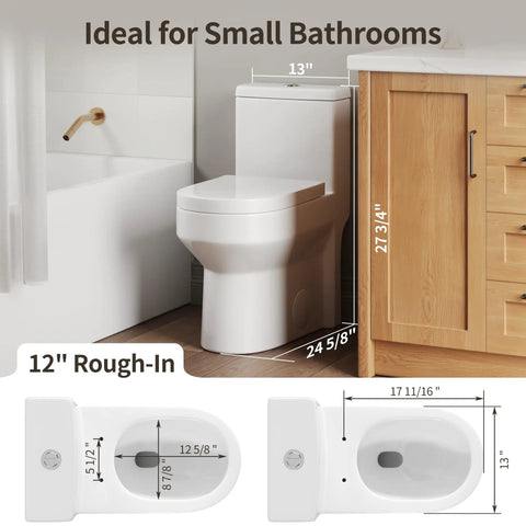 Space Saver Compact One Piece Skirted Toilet With Dual Flush Game Changer For Cramped Baths, Splash Free Quiet Flush, Foolproof 12 Inch Rough In Setup, Heavy Duty Round Bowl For Daily Use
