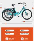 All Day Electric Tricycle For Adults 350W 7 Speed Trike With 468Wh Removable Battery 24 Inch Three Wheel E Trike For Seniors Men Women Heavy Duty 330 Lb Capacity Motorized Pedal Assist Bike, turquoise step-through frame with rear basket and size chart