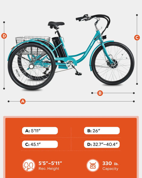 All Day Electric Tricycle For Adults 350W 7 Speed Trike With 468Wh Removable Battery 24 Inch Three Wheel E Trike For Seniors Men Women Heavy Duty 330 Lb Capacity Motorized Pedal Assist Bike, turquoise step-through frame with rear basket and size chart