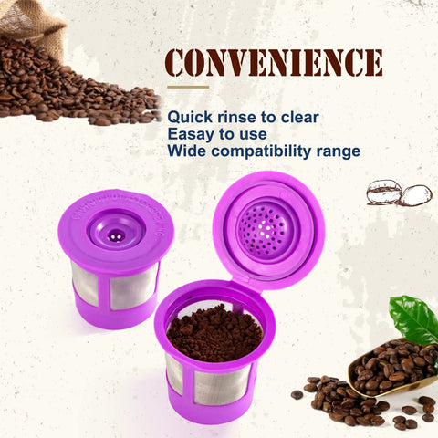 Stainless Steel Refillable K Cups For 1.0 And 2.0 Brewers, Purple Mesh Filter Pods Pack Of 4 with Coffee Grounds