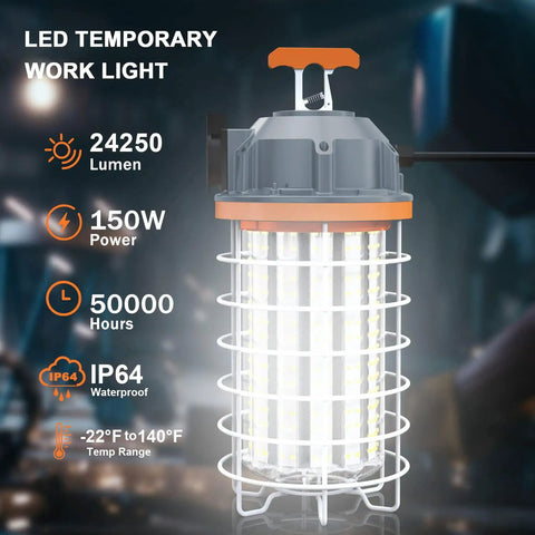 Beefy 150W LED Temporary Work Light IP64 Portable Linkable 24250 Lumens 5000K Daylight with 16.4 Foot Cord and Hook