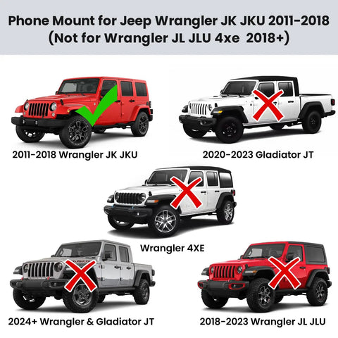 Compatibility chart for Heavy Duty Metal Phone Mount For Jeep Wrangler JK JKU 2011 to 2018 Dash Holder With Duck Mounts System Kit