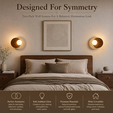 Travertine Wall Sconce Hardwired Glass Globe Wood Modern Japandi Wabi Sabi on a bed stand creating ambient light.