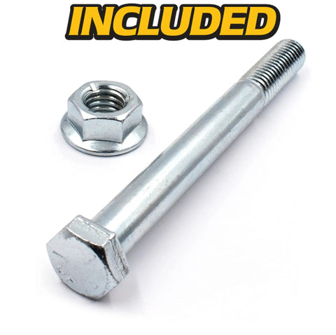 Pro Grade Front Axle Caster Pivot Rebuild Kit For Ariens Gravely Mowers With Flange Bushings, Heavy Duty Spacers, Thrust Washers, Washers, Lock Nut And Bolt Hardware Included. silver bolt and lock nut