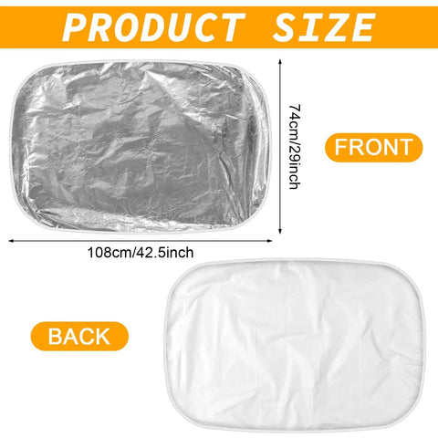 Front and back of Two Pack Car Seat Sun Shade Covers For Baby And Toddler Reflective UV Sun Shield Keeps Car Cool By Blocking Sunlight