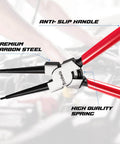 4 Piece Snap Ring Pliers Set With 7 Inch Internal And External Circlip Pliers, red handles, close-up view of the straight jaws.