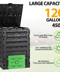 120 Gallon Big Capacity Compost Bin BPA Free Outdoor Composting Tumbler with open lid showing rugged PP construction.