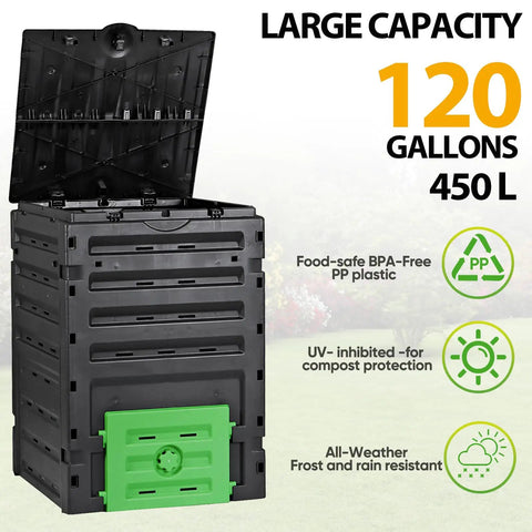 120 Gallon Big Capacity Compost Bin BPA Free Outdoor Composting Tumbler with open lid showing rugged PP construction.