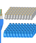 50-Pack Cat6 Shielded Pass Through RJ45 Connectors With Strain Relief Boots No Fuss Easy Install 8P8C Modular Ethernet STP Network Cable Plugs For Cat6 And Cat5e displayed in blue and silver colors with strain relief boots.