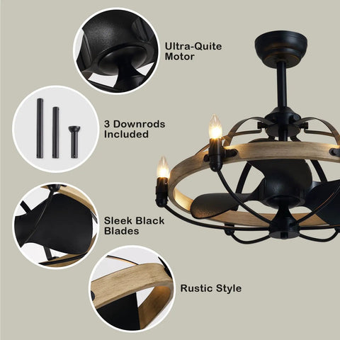 Close-up of Industrial Caged Ceiling Fan With Lights And Remote Dope Black Eight Blade Fandelier showcasing sleek black blades.
