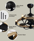 17.8 Inch Caged Industrial Ceiling Fan With Remote Control And Light Kit Dope Black Enclosed Fixture shown with wood accents