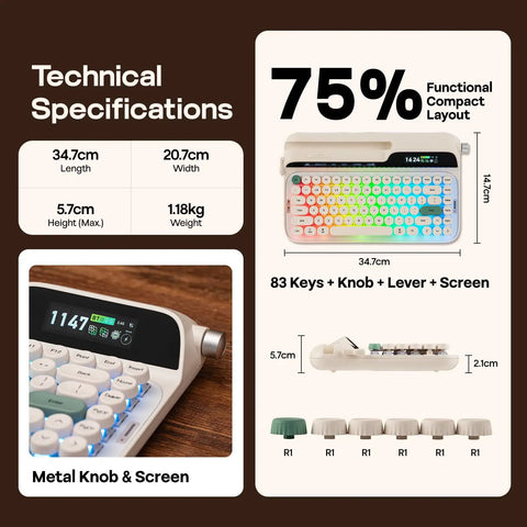 Dope Wireless Retro Typewriter Mechanical Keyboard With Screen And Smooth Rotary Knob Plus Premium Round Pbt Keycaps For Hot Swappable Switches And Custom Rgb Lighting Alongside A Comfy Wrist Rest For Epic Pc Mac Gaming Vibes And Daily Work technical specifications with dimensions and layout details