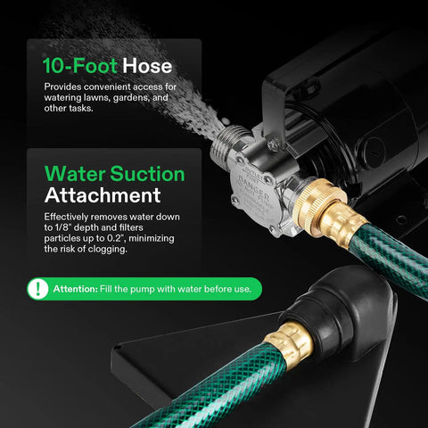 Close-up of Straight Shooting 1/10HP Water Transfer Pump 330GPH Utility Pump with 10-foot hose and water suction attachment.