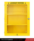 Heavy Duty Lockout Tagout Cabinet Wall Mount LOTO Storage Box Built Like A Tank With Twenty Two Shackle Holders, yellow with shelves.