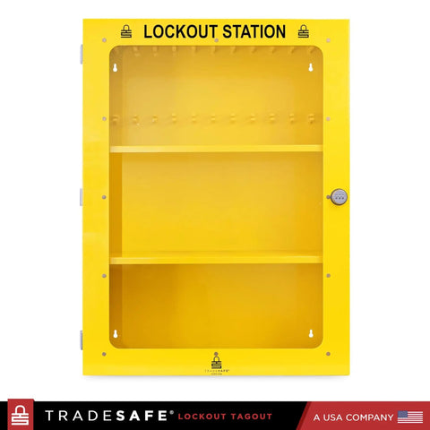 Heavy Duty Lockout Tagout Cabinet Wall Mount LOTO Storage Box Built Like A Tank With Twenty Two Shackle Holders, yellow with shelves.