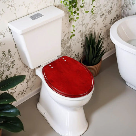 Round Bright maroon deep red colored cracked effect wall Toilet Seat on a white toilet, showcasing sturdy resin construction.