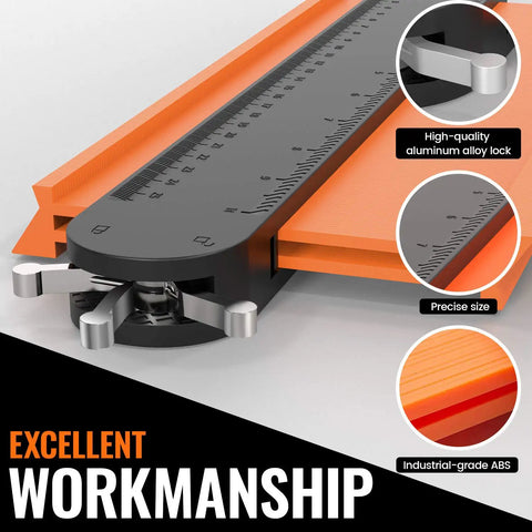 Close-up of Contour Gauge Duplicator With Lock, aluminum lock, orange ABS body, ruler markings, for precise corner shaping.