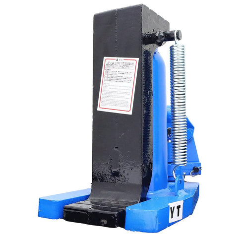 Heavy Duty Hydraulic Toe Jack Lift With Quick Pump Action shows a robust black and blue structure for twenty ton lifts and ten ton toe raises.