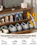 Slim Walnut Wood No-Fuss Shoe Storage Cabinet With Two Flip Drawers For Entryway featuring adjustable shelves and shoes stored inside