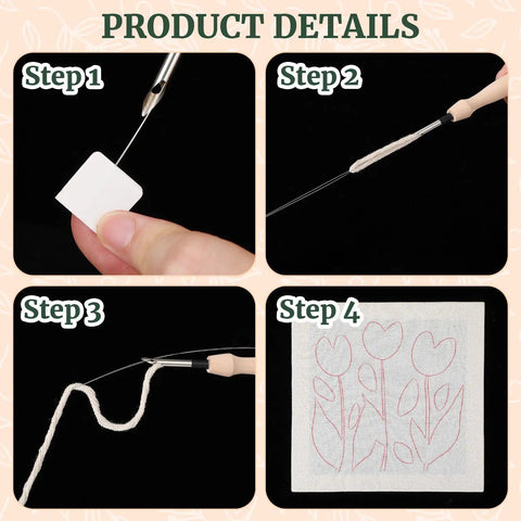 Step-by-step process from Four Sets Punch Needle Kit With 10x10 Frames For Beginners showing threading and design layout.