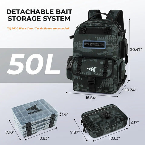 50L Fishing Tackle Backpack With Removable Bait Binder And Four Tackle Boxes Two Rod Holders Interchangeable Storage System