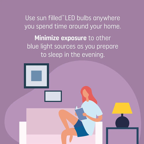 Illustration of a woman reading near a lamp showcasing Sun Filled LED Light Bulb 60W Soft White A21 1 Pack With True Color And Natural Light Tone Reduces Blue Light Before Bed Energy Efficient Home Lighting That Is Easy On Your Eyes benefits.