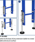 Image showing Pair Of Adjustable Ladder Levelers With Anti Slip Steel Poles For Stable Grounding And Platform On All Surfaces Easy Install Replacement Rubber Feet Standard Version Ladder Accessory attached to blue ladder.