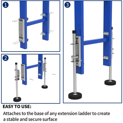 Image showing Pair Of Adjustable Ladder Levelers With Anti Slip Steel Poles For Stable Grounding And Platform On All Surfaces Easy Install Replacement Rubber Feet Standard Version Ladder Accessory attached to blue ladder.