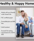 Family on sofa with text about eco-friendly wallpaper features next to them