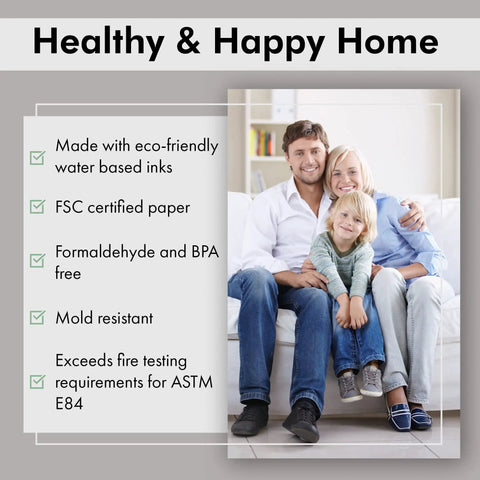 Family on sofa with text about eco-friendly wallpaper features next to them