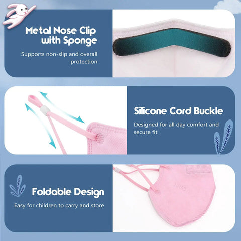 Kids KN95 Face Masks 50 Pack Five Layer Breathable Protection Multicolor Set with metal nose clip and silicone cord buckle.