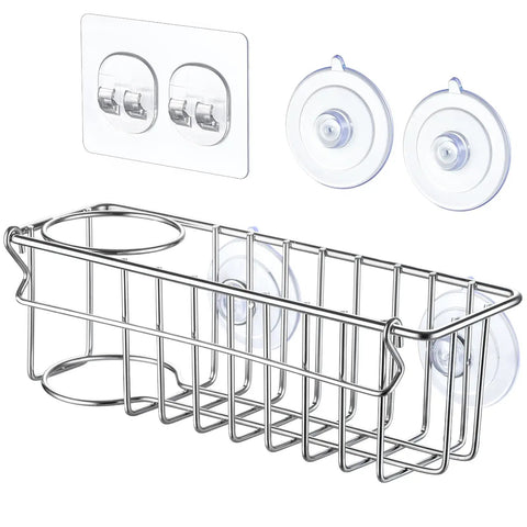 Heavy Duty 304 Stainless Steel 3 In 1 Kitchen Sink Sponge Caddy With Grip Tight Suction And Quick Peel Stick Mounts For Sponges Brushes And Cleaning Supplies Zero Drilling Required