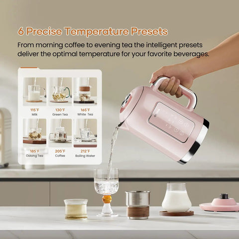 1.5L Stainless Steel Smart Electric Kettle With Temperature Control, Six Precise Presets, 1200W Fast Boil, Pink Finish pouring water