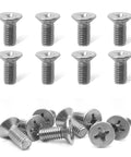 8 Pack Tough As Nails Stainless Steel Brake Disc Rotor Screws, showing front and rear views, ideal for Honda Acura Hyundai Kia rides.