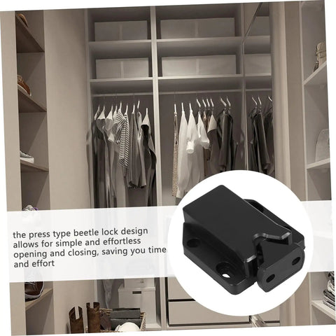 Push To Open Cabinet Latch Kit Four Pack With Rebound Tech. Black plastic latch in wardrobe setting for easy access.