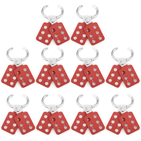 Pro Grade Red Lockout Hasp Set 10 Pack, 25mm Safety Tagout Solution with 6-hole design for multi-user locking in industrial sites.