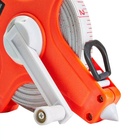 Close-up of an orange Retractable Open Reel Tape Measure 30 Meter Long Jump Track And Field Tool with white hand crank.