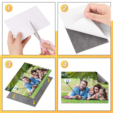 8 By 10 Inch Magnetic Sheets With Adhesive Backing 10 Pack shown in use for crafts and photos, cuttable for DIY projects, strong hold on metal surfaces