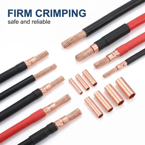 Copper Wire Ferrules Kit With 7 Sizes For AWG 4 To 14 Non Insulated Bare Crimp Connectors displayed with wires and ferrules