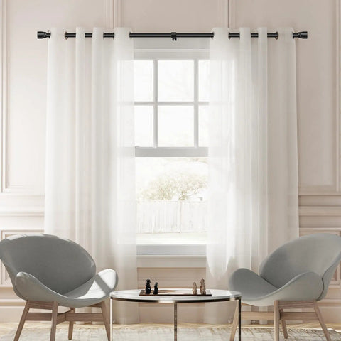 Living room view with Heavy Duty Adjustable Curtain Rod Set 1 Inch Diameter Splicing Matte Black Extra Long 30 To 144 Inches