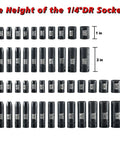 54-piece 1/4 Inch Drive Impact Socket Set, 6-point, SAE and Metric, Cr-V steel with socket heights and sizes labeled.
